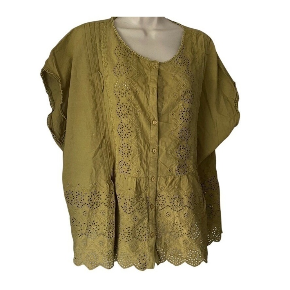 Sundance XXL Olive Eyelet Embroidered Cotton Tunic‎ Top Boho